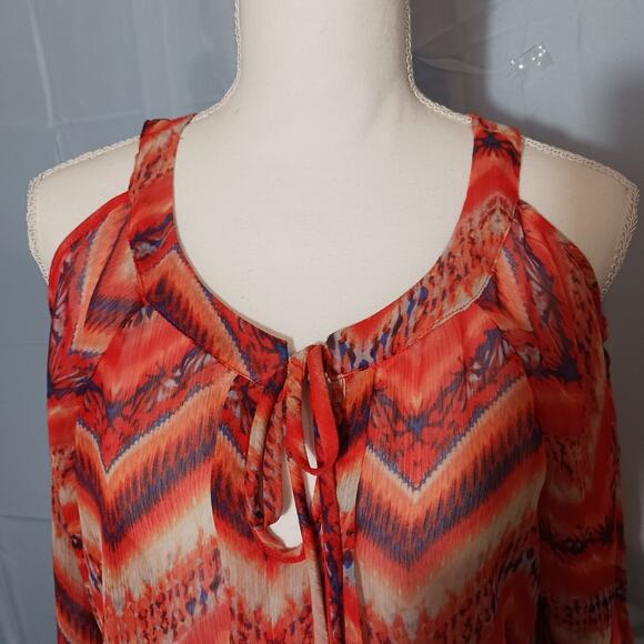 By & By Top Sheer Cold Shoulder Short Sleeve Keyhole Orange Women's Medium EUC - Picture 2 of 10
